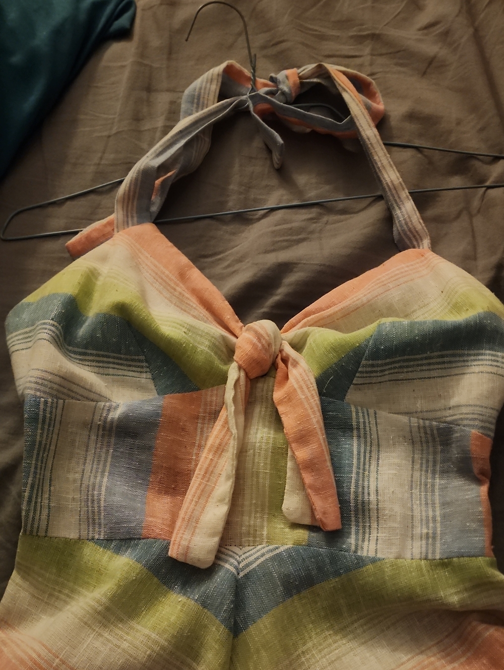 Striped Halter Tie-Front Women’s Top in Peach and Green